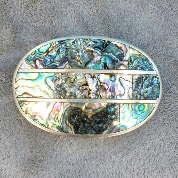 Accessories - Silver tone metal abalone belt buckle marked "Mexico"